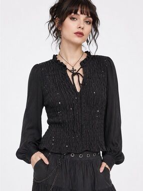 Sanctuary Black Smocked Tie-Neck Blouse with Subtle Sequins
